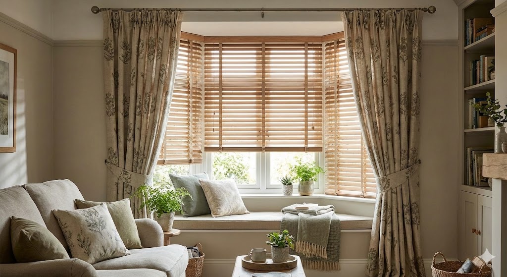 Bay window dressed with a combination of blinds and curtains