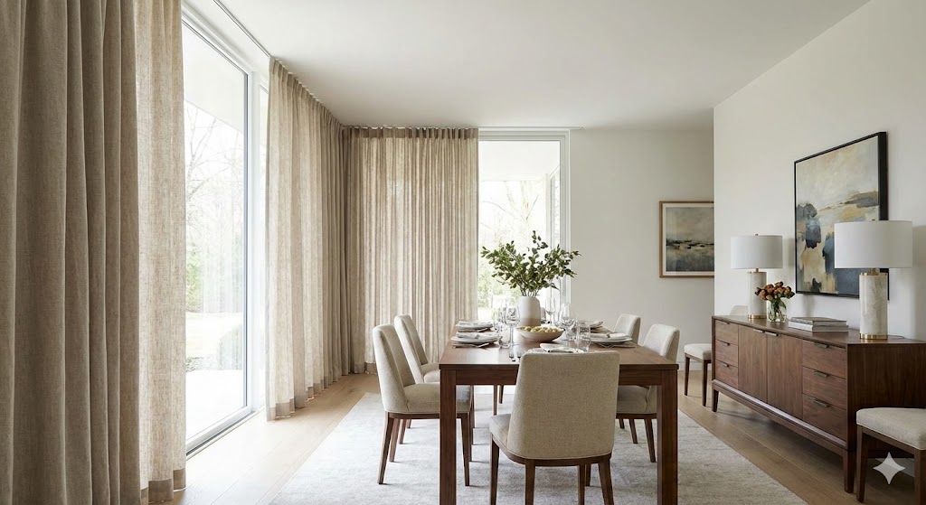 Dining room with full length curtains on a concealed track