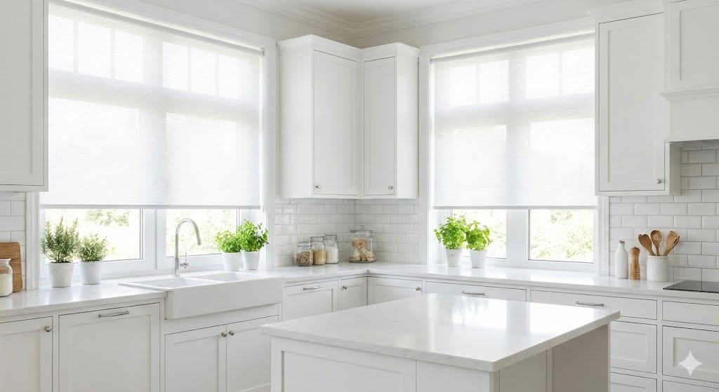 Roller blinds in a bright white kitchen