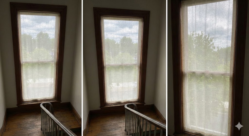 Tall stairwell window with sheer blind