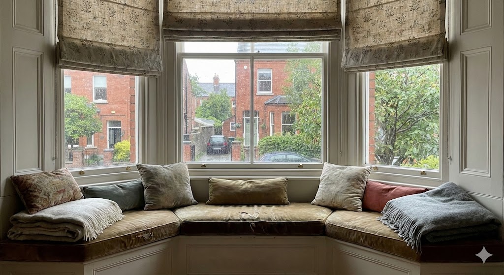 Roman blinds above a window seat in a British home