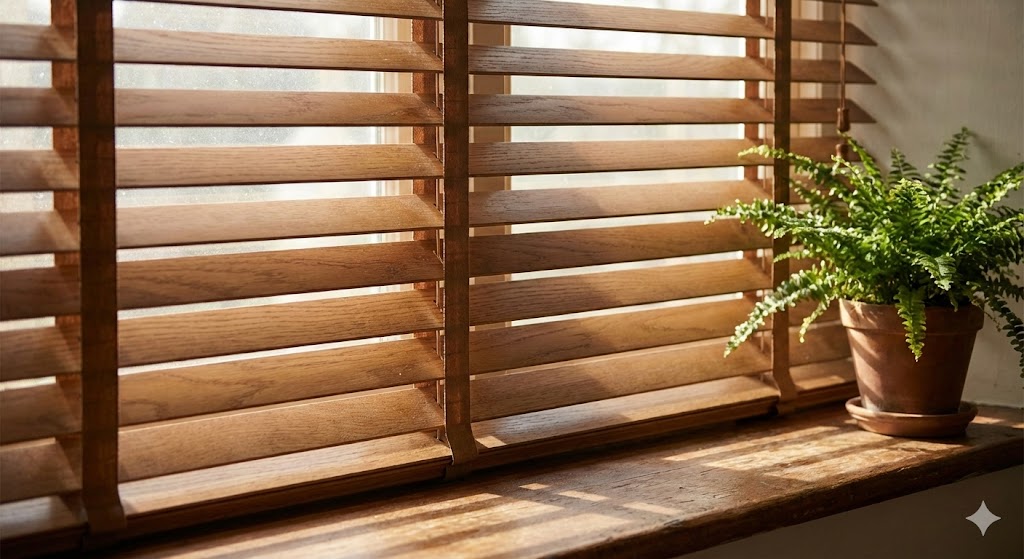 Wooden venetian blinds with soft daylight
